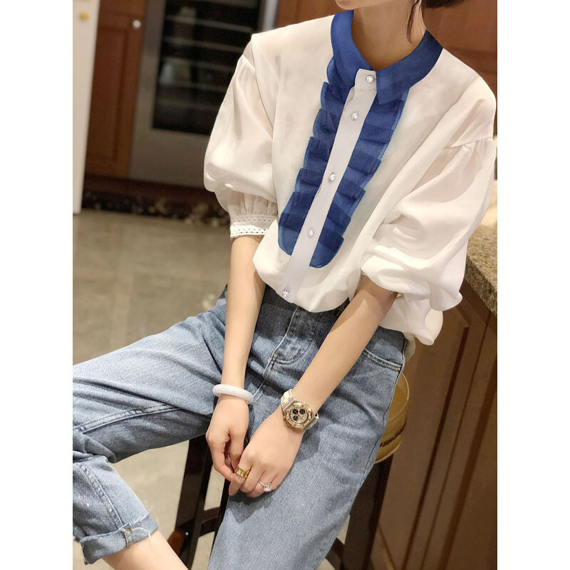 Корейска модна дамска блуза с копчета с контрастни цветове Лятна ежедневна широка риза с ръкав с фенер, дамско облекло