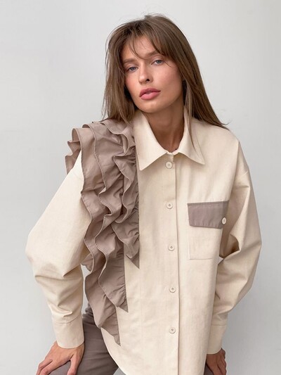 Ebaregulaarne volangidega särk naistele 2023 avar üherealine topp naistele kontrastset värvi vabaaja revääridega kontori naiste särk