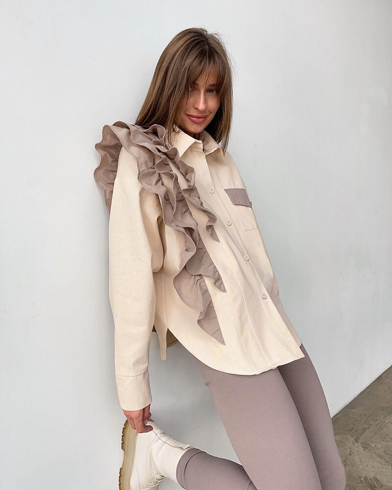 Ebaregulaarne volangidega särk naistele 2023 avar üherealine topp naistele kontrastset värvi vabaaja revääridega kontori naiste särk