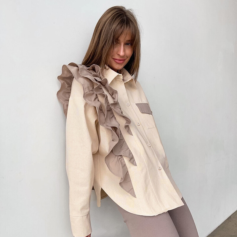 Ebaregulaarne volangidega särk naistele 2023 avar üherealine topp naistele kontrastset värvi vabaaja revääridega kontori naiste särk