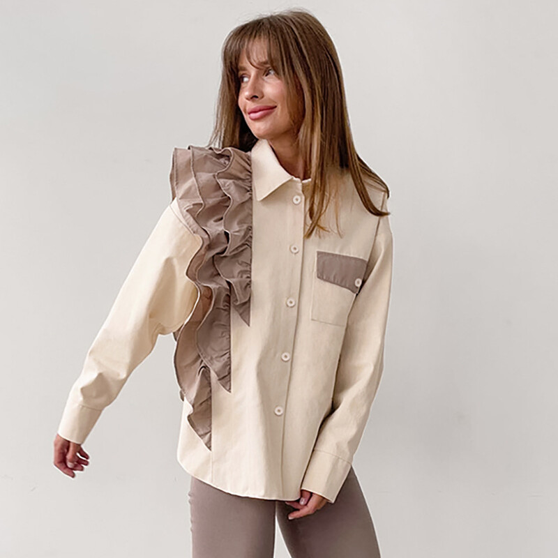 Ebaregulaarne volangidega särk naistele 2023 avar üherealine topp naistele kontrastset värvi vabaaja revääridega kontori naiste särk