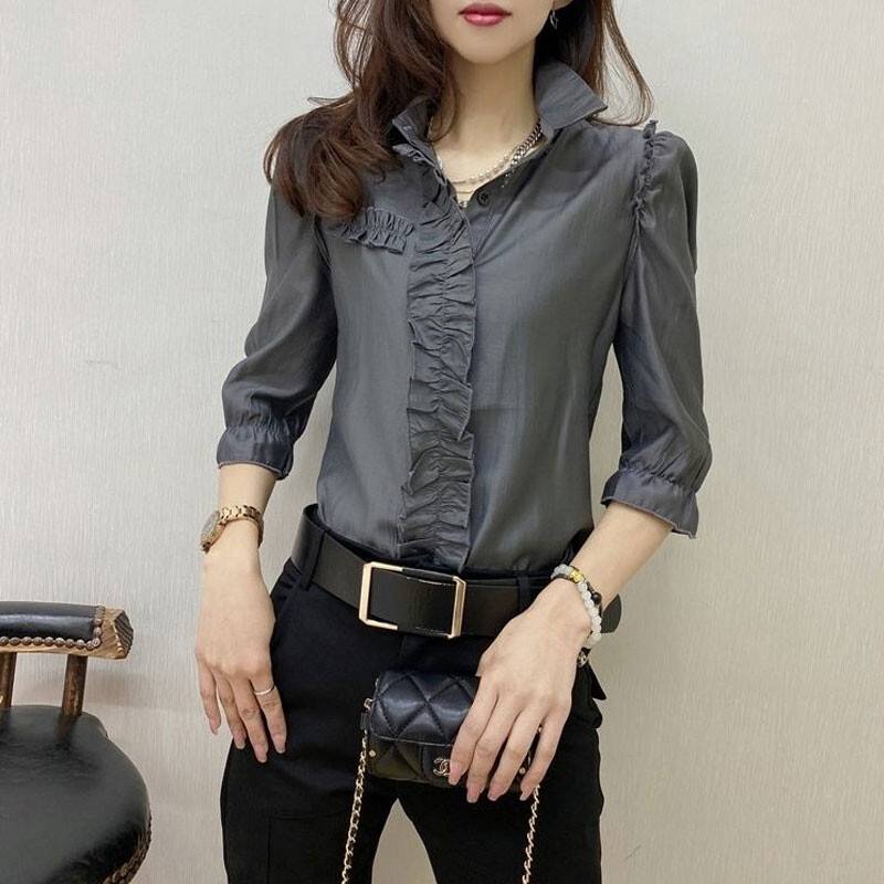 Naiste riided Slim Basic üherealine pluus Mood söödav puuseen, voldid pendeldamine 2023 kevadsuvi üherealine särk