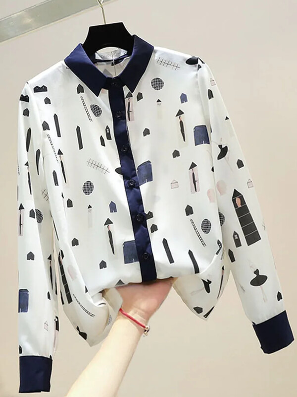 Kevad-sügis naiste pluusid Prantsuse stiilis kontrastsusega värvitrükiga särk Uus pikkade varrukatega naiste topid LL331