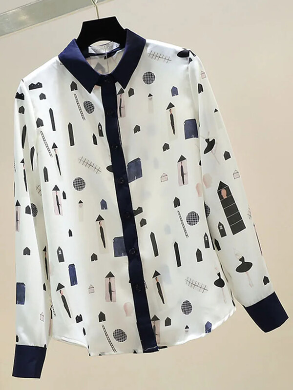 Kevad-sügis naiste pluusid Prantsuse stiilis kontrastsusega värvitrükiga särk Uus pikkade varrukatega naiste topid LL331