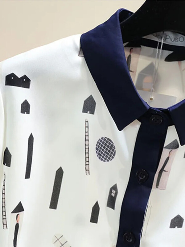 Kevad-sügis naiste pluusid Prantsuse stiilis kontrastsusega värvitrükiga särk Uus pikkade varrukatega naiste topid LL331