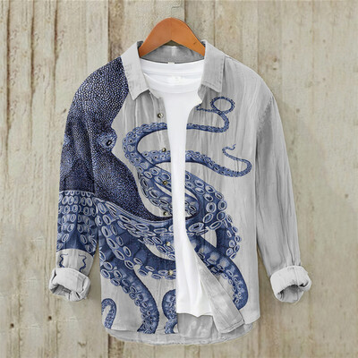 Ανδρικό vintage Fish, λινό, άνετο πουκάμισο, καθημερινό πουκάμισο που αναπνέει παραλία, λαιμόκοψη Polo, μακρυμάνικο