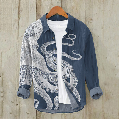 Ανδρικό vintage Fish, λινό, άνετο πουκάμισο, καθημερινό πουκάμισο που αναπνέει παραλία, λαιμόκοψη Polo, μακρυμάνικο