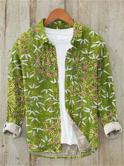 Ανδρικό vintage Fish, λινό, άνετο πουκάμισο, καθημερινό πουκάμισο που αναπνέει παραλία, λαιμόκοψη Polo, μακρυμάνικο