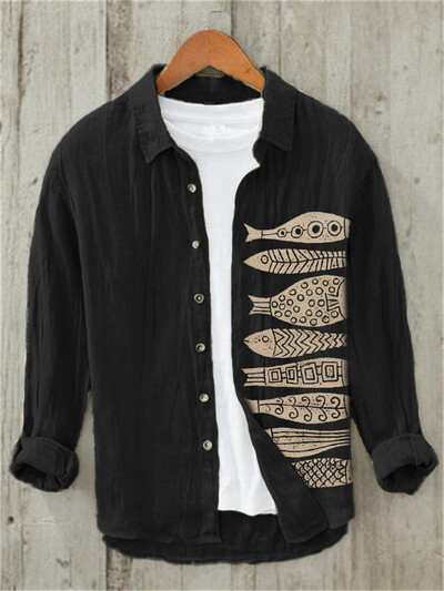 Ανδρικό vintage Fish, λινό, άνετο πουκάμισο, καθημερινό πουκάμισο που αναπνέει παραλία, λαιμόκοψη Polo, μακρυμάνικο