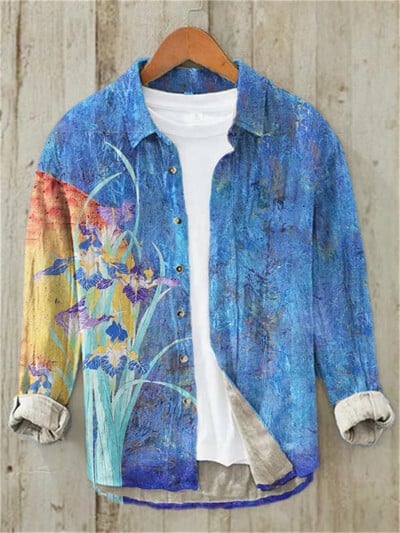 Ανδρικό vintage Fish, λινό, άνετο πουκάμισο, καθημερινό πουκάμισο που αναπνέει παραλία, λαιμόκοψη Polo, μακρυμάνικο