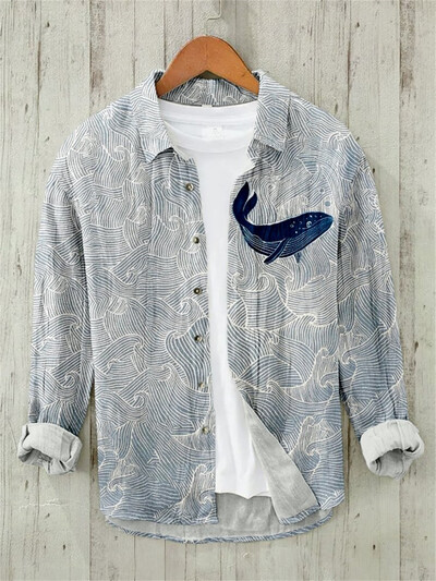 Ανδρικό vintage Fish, λινό, άνετο πουκάμισο, καθημερινό πουκάμισο που αναπνέει παραλία, λαιμόκοψη Polo, μακρυμάνικο