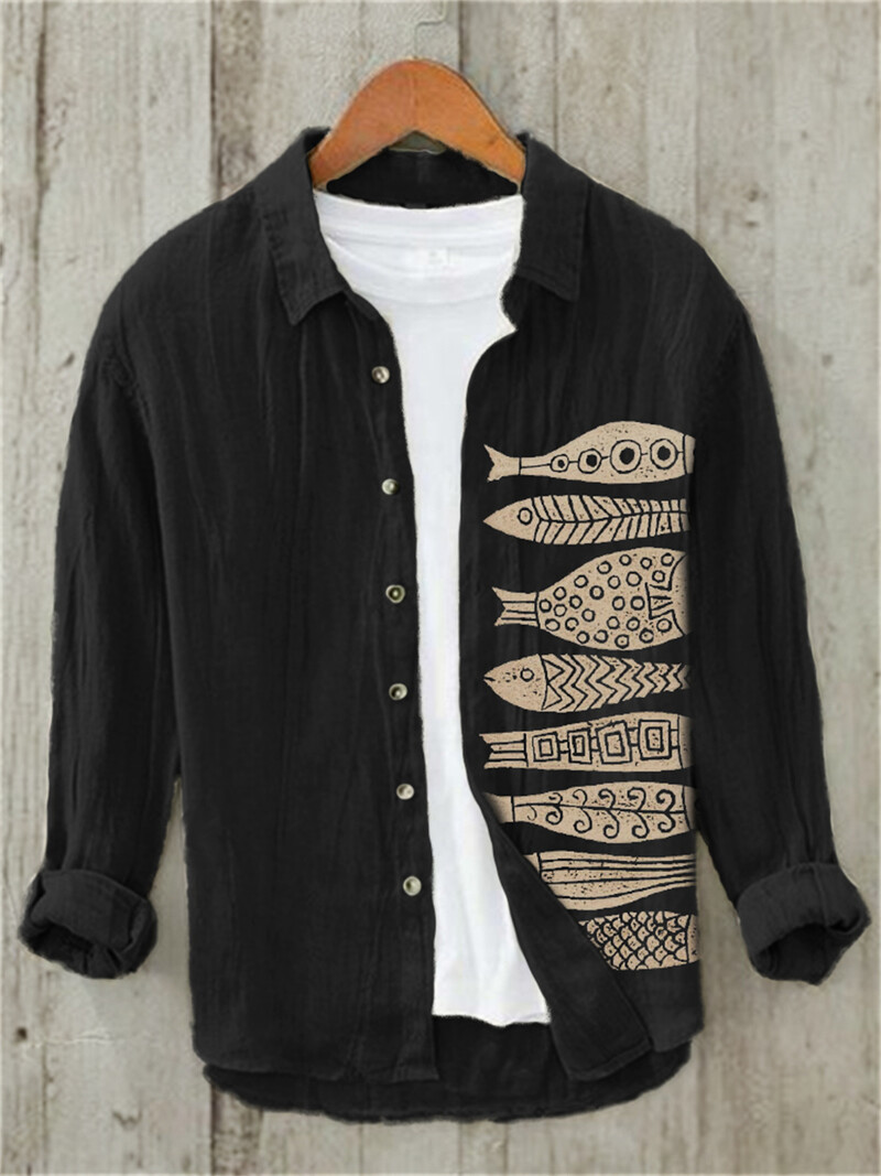 Ανδρικό vintage Fish, λινό, άνετο πουκάμισο, καθημερινό πουκάμισο που αναπνέει παραλία, λαιμόκοψη Polo, μακρυμάνικο