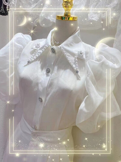 Šifonska košulja s puf rukavima u korejskom stilu s kamenčićima i šiljastim ovratnikom Nova modna bluza kratkih rukava za ljeto 2024. Ženske majice