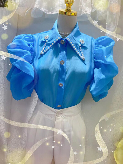 Šifonska košulja s puf rukavima u korejskom stilu s kamenčićima i šiljastim ovratnikom Nova modna bluza kratkih rukava za ljeto 2024. Ženske majice