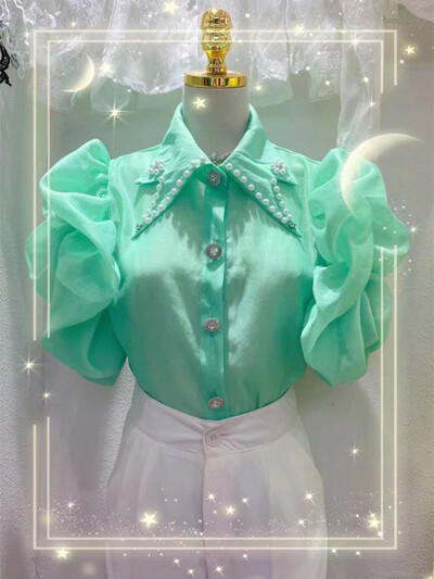 Šifonska košulja s puf rukavima u korejskom stilu s kamenčićima i šiljastim ovratnikom Nova modna bluza kratkih rukava za ljeto 2024. Ženske majice