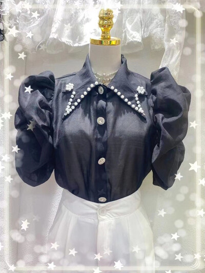 Šifonska košulja s puf rukavima u korejskom stilu s kamenčićima i šiljastim ovratnikom Nova modna bluza kratkih rukava za ljeto 2024. Ženske majice