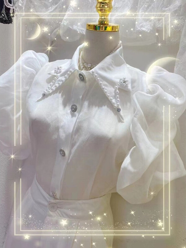 Šifonska košulja s puf rukavima u korejskom stilu s kamenčićima i šiljastim ovratnikom Nova modna bluza kratkih rukava za ljeto 2024. Ženske majice