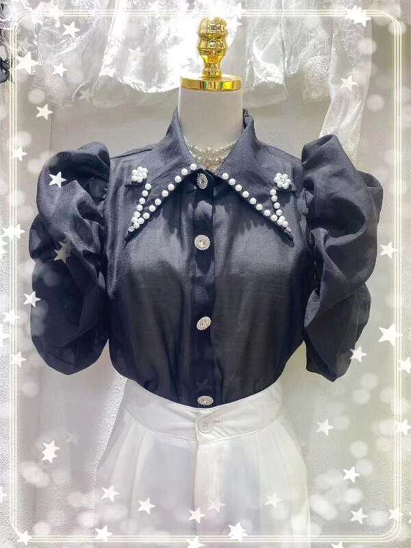 Šifonska košulja s puf rukavima u korejskom stilu s kamenčićima i šiljastim ovratnikom Nova modna bluza kratkih rukava za ljeto 2024. Ženske majice