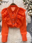 XFPV Γυναικεία ελαφριά βολάν πολυτελείας ιδιοσυγκρασιακή μπλούζα πέτο μακρυμάνικα ελαφριά φαρδιά πουκάμισα Άνοιξη Καλοκαίρι 2024 SM10962