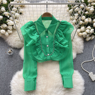 XFPV Γυναικεία ελαφριά βολάν πολυτελείας ιδιοσυγκρασιακή μπλούζα πέτο μακρυμάνικα ελαφριά φαρδιά πουκάμισα Άνοιξη Καλοκαίρι 2024 SM10962