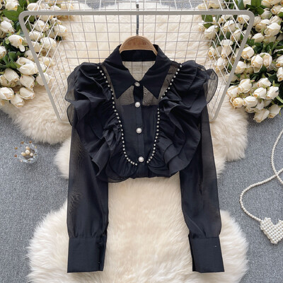 XFPV Γυναικεία ελαφριά βολάν πολυτελείας ιδιοσυγκρασιακή μπλούζα πέτο μακρυμάνικα ελαφριά φαρδιά πουκάμισα Άνοιξη Καλοκαίρι 2024 SM10962