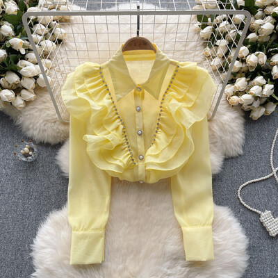 XFPV Γυναικεία ελαφριά βολάν πολυτελείας ιδιοσυγκρασιακή μπλούζα πέτο μακρυμάνικα ελαφριά φαρδιά πουκάμισα Άνοιξη Καλοκαίρι 2024 SM10962