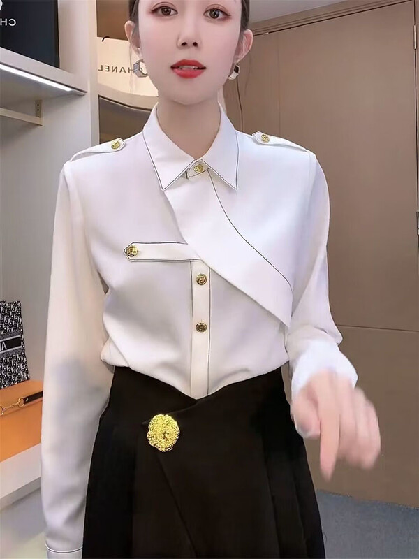 Nove ženske ženske proljeće ljeto jesen temperamentnog dizajna sa šiljastim ovratnikom Bijele tanke majice od šifona dugih rukava Host Singer Actor