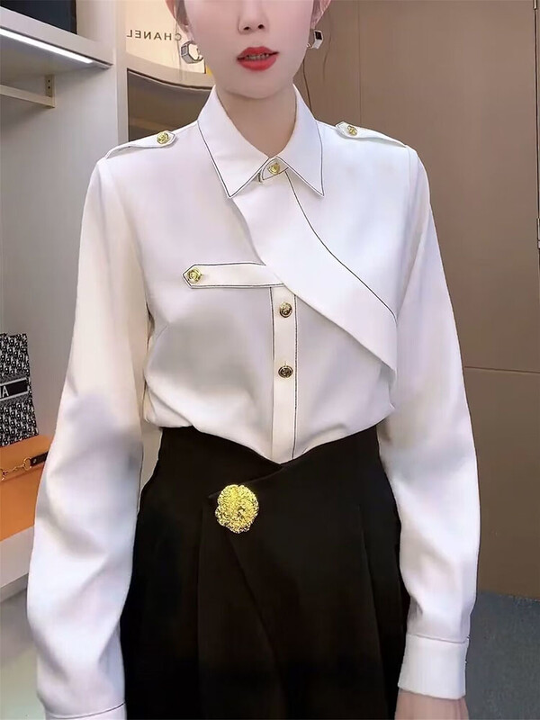 Nove ženske ženske proljeće ljeto jesen temperamentnog dizajna sa šiljastim ovratnikom Bijele tanke majice od šifona dugih rukava Host Singer Actor