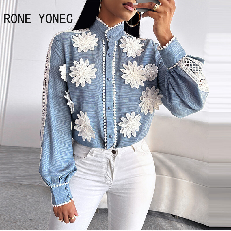 Naiste kolmemõõtmeline kaunistus aluskrae konks Lill õõnes pikad puhvis varrukad magus pluus top