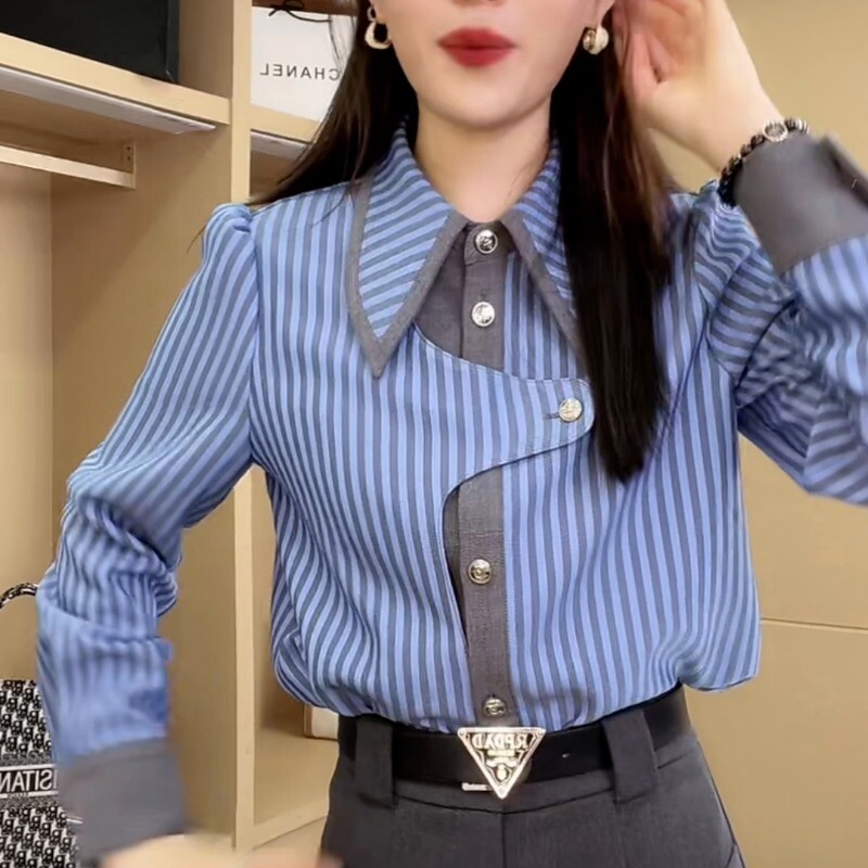 Proljeće 2024. Nove ženske retro prugaste bluze za putovanje na posao Jednoredno kopčanje suptilno spojene asimetrične ležerne košulje dugih rukava