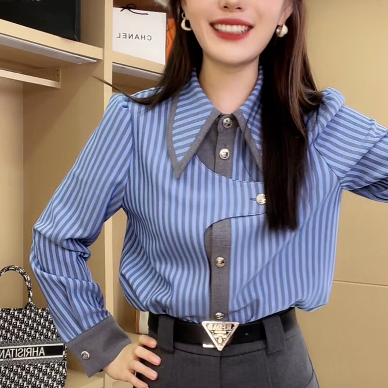 Proljeće 2024. Nove ženske retro prugaste bluze za putovanje na posao Jednoredno kopčanje suptilno spojene asimetrične ležerne košulje dugih rukava