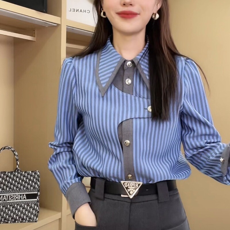 Proljeće 2024. Nove ženske retro prugaste bluze za putovanje na posao Jednoredno kopčanje suptilno spojene asimetrične ležerne košulje dugih rukava