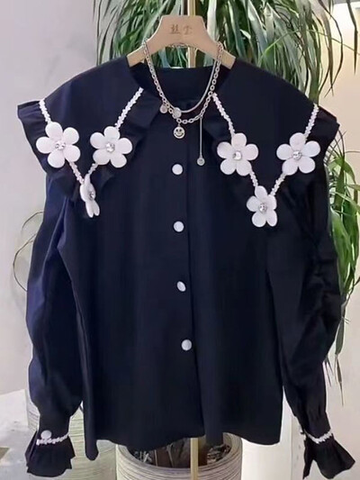 Ženska Peter Pan ovratnik s jednorednim kopčanjem i dugim rukavima, ležerna košulja s cvijećem, ženska proljeće 2022., korejska djevojka, šik, slatka bluza s volanima