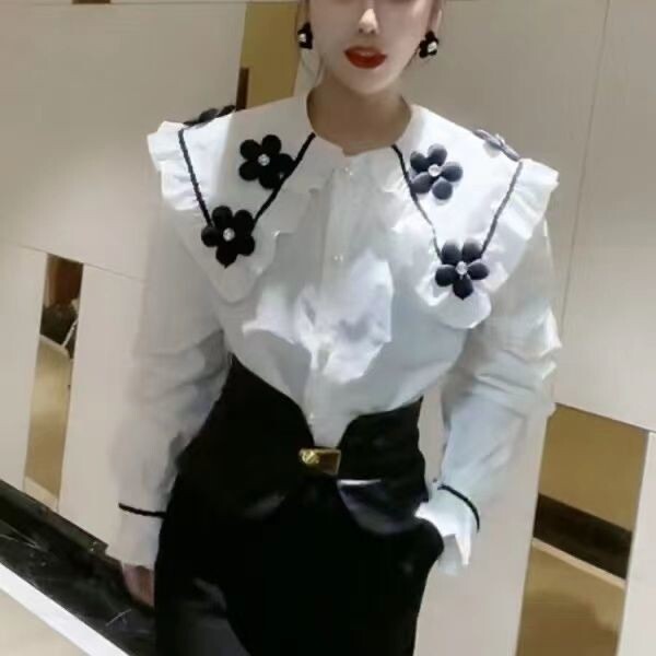 Ženska Peter Pan ovratnik s jednorednim kopčanjem i dugim rukavima, ležerna košulja s cvijećem, ženska proljeće 2022., korejska djevojka, šik, slatka bluza s volanima