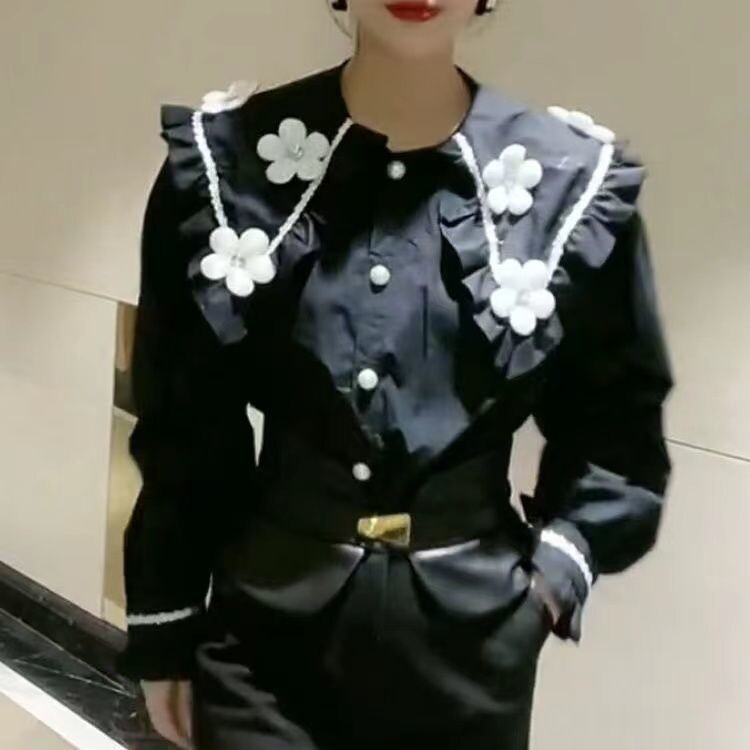 Ženska Peter Pan ovratnik s jednorednim kopčanjem i dugim rukavima, ležerna košulja s cvijećem, ženska proljeće 2022., korejska djevojka, šik, slatka bluza s volanima