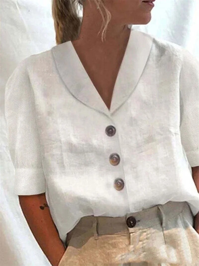 Lihtsa stiiliga ühevärviline puuvillane linane särk naiste üherealine kardigan revääriga pluus Naiste vabaaja mullidega poolvarrukatega top Uus