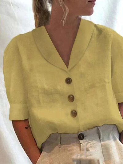 Lihtsa stiiliga ühevärviline puuvillane linane särk naiste üherealine kardigan revääriga pluus Naiste vabaaja mullidega poolvarrukatega top Uus