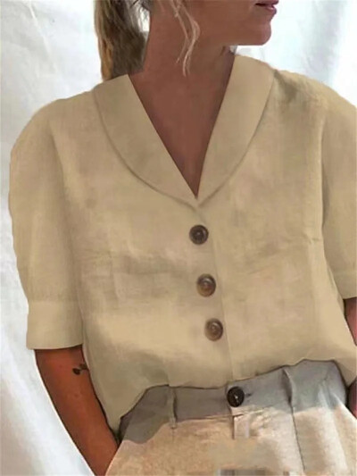 Lihtsa stiiliga ühevärviline puuvillane linane särk naiste üherealine kardigan revääriga pluus Naiste vabaaja mullidega poolvarrukatega top Uus