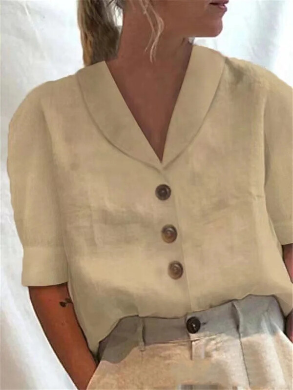 Lihtsa stiiliga ühevärviline puuvillane linane särk naiste üherealine kardigan revääriga pluus Naiste vabaaja mullidega poolvarrukatega top Uus