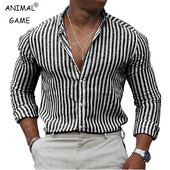 Νέο ανδρικό ριγέ πουκάμισο με μακρυμάνικο εκτύπωση αναπνεύσιμο μπλουζάκι πέτο Basic πουκάμισο για άνδρες Ελαφρύ πουκάμισο Χαβάης Streetwear