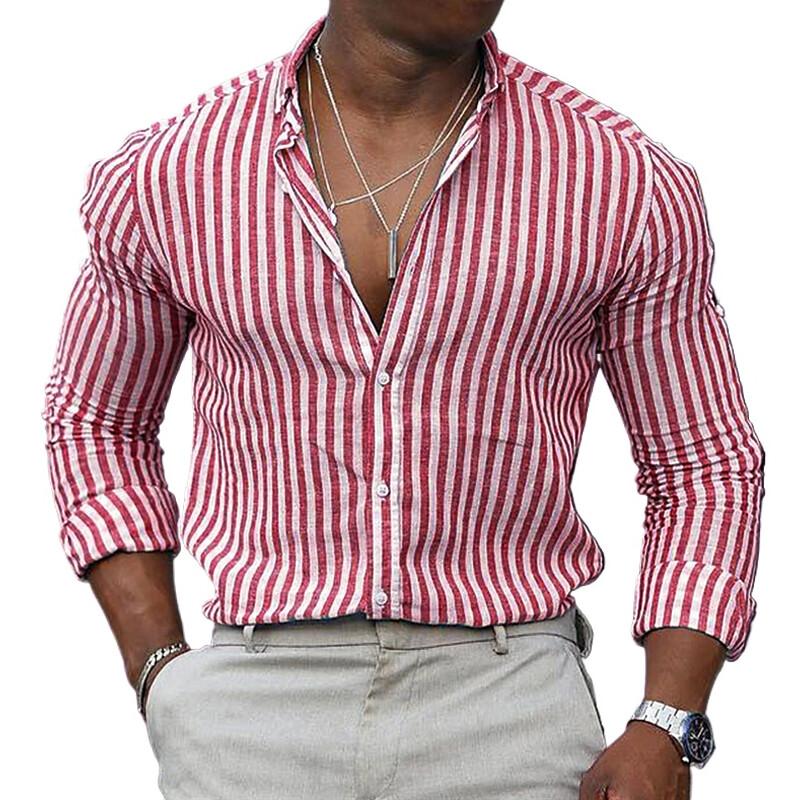 Νέο ανδρικό ριγέ πουκάμισο με μακρυμάνικο εκτύπωση αναπνεύσιμο μπλουζάκι πέτο Basic πουκάμισο για άνδρες Ελαφρύ πουκάμισο Χαβάης Streetwear