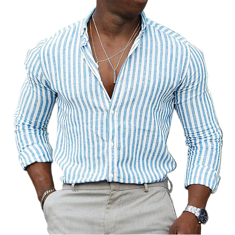 Νέο ανδρικό ριγέ πουκάμισο με μακρυμάνικο εκτύπωση αναπνεύσιμο μπλουζάκι πέτο Basic πουκάμισο για άνδρες Ελαφρύ πουκάμισο Χαβάης Streetwear