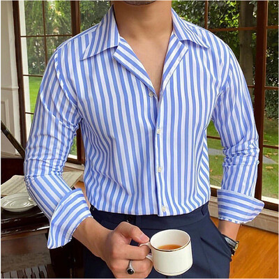 Cămașă bărbați cămașă cu nasturi cămașă de vară albastru cu mânecă lungă cu rever haine de vacanță la modă casual confortabil S-6XL
