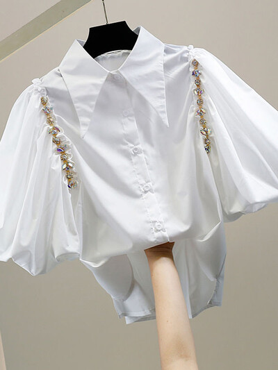 XFPV 2023, modă de vară, mărgele dulce, decorație cu diamante, tendință, temperament, solid, tricou cu mâneci bufante scurte, top pentru femei SM2881