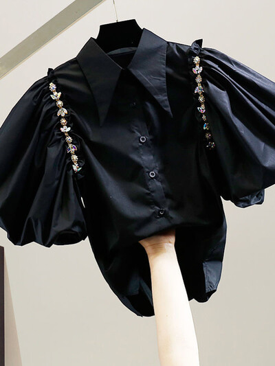 XFPV 2023, modă de vară, mărgele dulce, decorație cu diamante, tendință, temperament, solid, tricou cu mâneci bufante scurte, top pentru femei SM2881