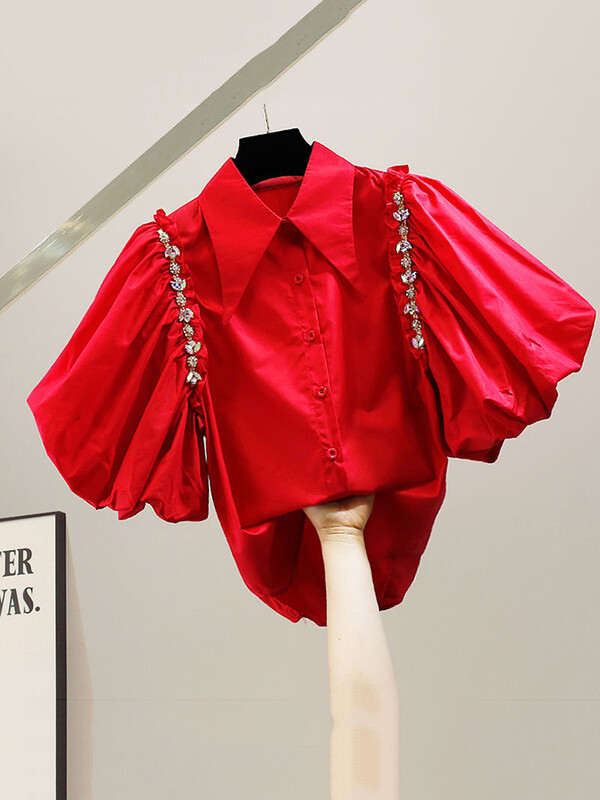 XFPV 2023, modă de vară, mărgele dulce, decorație cu diamante, tendință, temperament, solid, tricou cu mâneci bufante scurte, top pentru femei SM2881