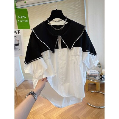 Bluza kontrastne boje za žene 2024 Blusas Mujer De Moda Patchwork Široke ljetne košulje Peter Pan kragna Modne bluze Topovi