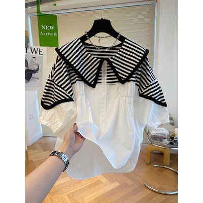 Bluza kontrastne boje za žene 2024 Blusas Mujer De Moda Patchwork Široke ljetne košulje Peter Pan kragna Modne bluze Topovi