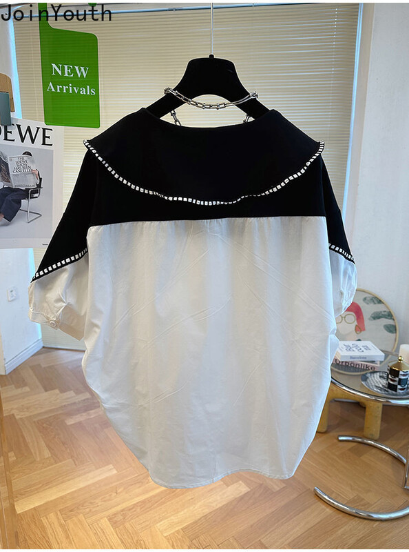 Bluza kontrastne boje za žene 2024 Blusas Mujer De Moda Patchwork Široke ljetne košulje Peter Pan kragna Modne bluze Topovi