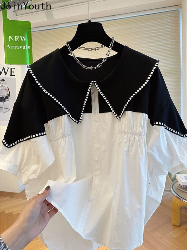 Bluza kontrastne boje za žene 2024 Blusas Mujer De Moda Patchwork Široke ljetne košulje Peter Pan kragna Modne bluze Topovi
